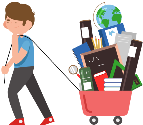 a boy pulling a cart with educational tools